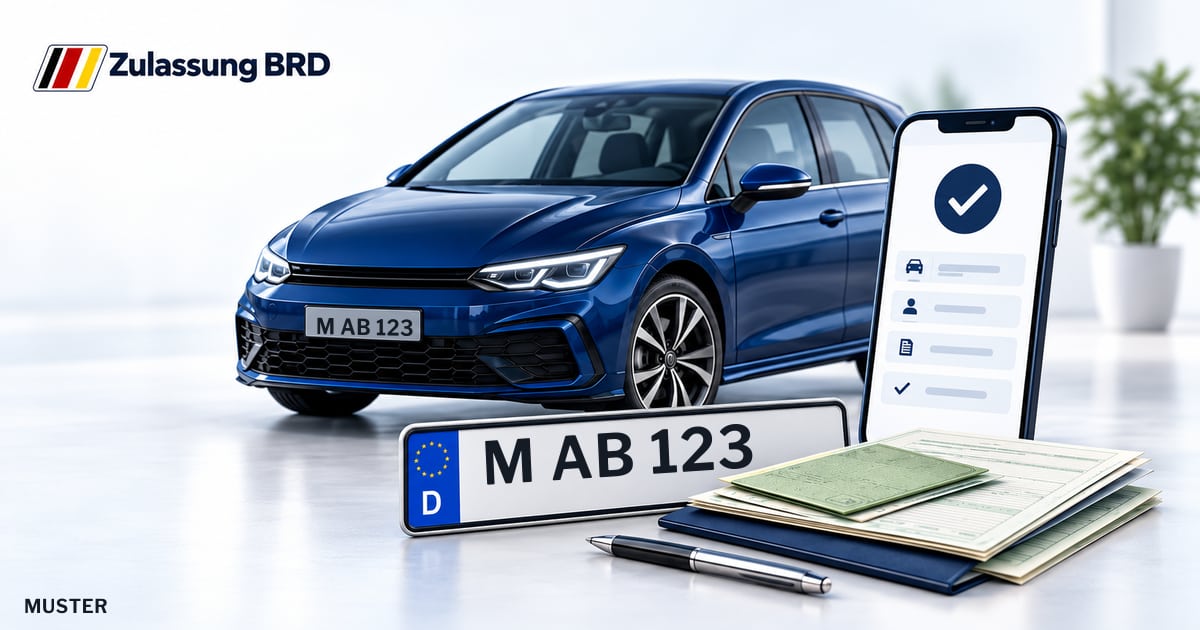 Online Fahrzeugzulassung in Oberhaching: Musterkennzeichen M AB 123, Auto und Fahrzeugpapiere und Smartphone. Illustration mit Logo von Zulassung BRD.